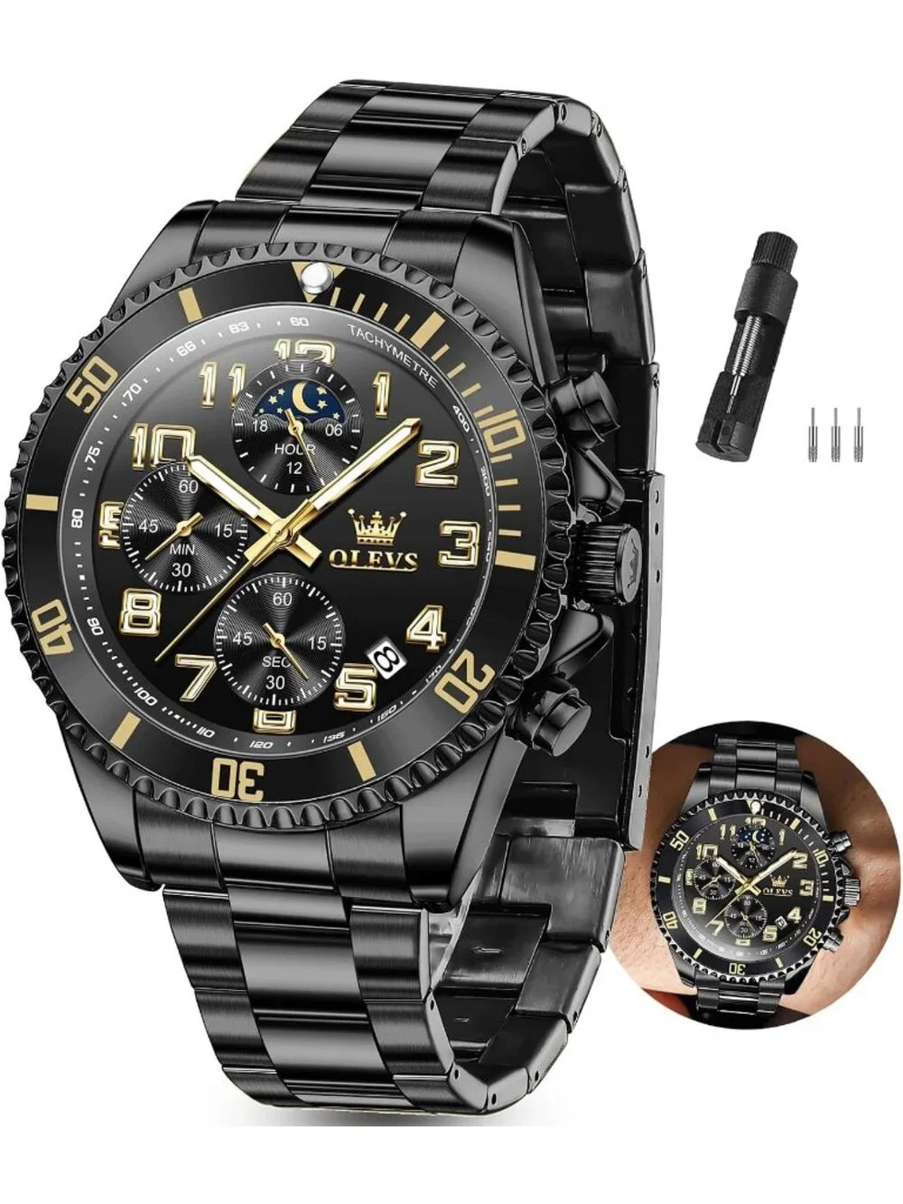 Men's Black Luxury Stainless Steel Waterproof Quartz Big Face Fashion Wristwatch